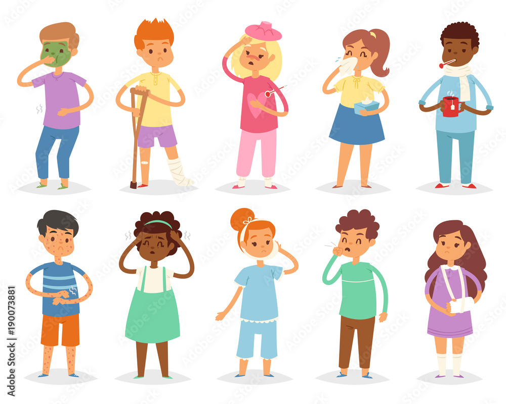 Sick kids vector child with headache and temperature and children catching a cold or flu illustration set of sickness or illness isolated on white background Sick kids vector child with headache and temperature and children catching a cold or flu illustration set of sickness or illness isolated on white background