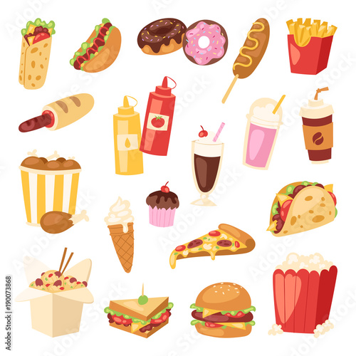 Fast food vector nutrition american hamburger or cheeseburger unhealthy eating concept junk fast-food snacks burger or sandwich and soda drink illustration isolated on background