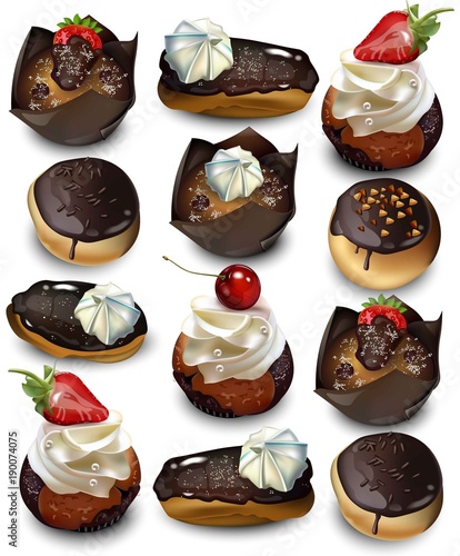 Delicious cakes pattern Vector realistic. Muffin, cupcakes and eclaires