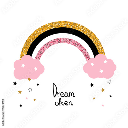 Cute glitter rainbow and fashion slogan. Vector hand drawn illustration.