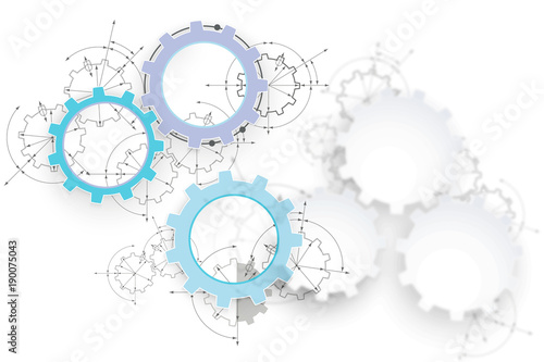 Gears in engagement. Engineering drawing abstract industrial background with a cogwheels.