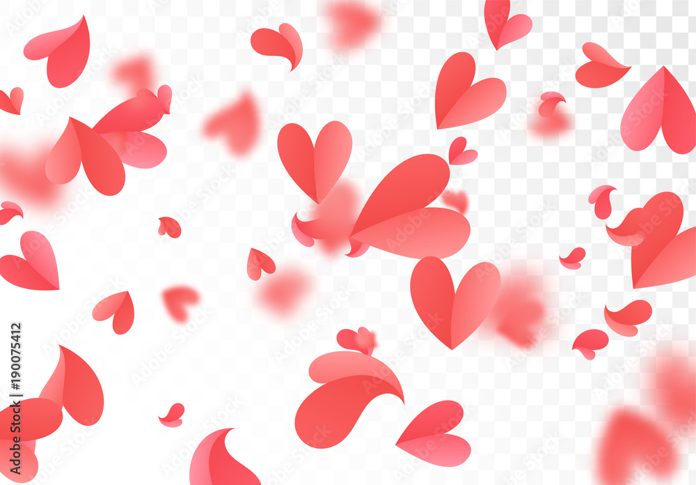 Falling red and pink confetti hearts isolated on transparent background