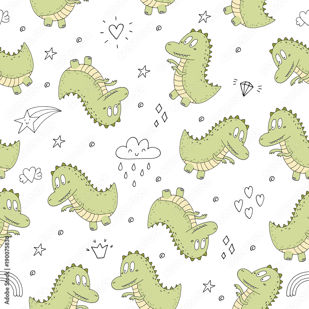 Obraz premium Cute seamless pattern with funny dinosaurs. vector illustration.