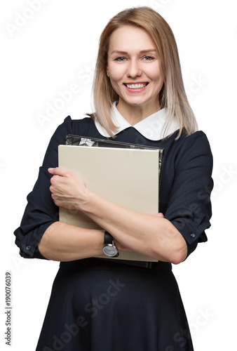 Obraz na plátne Beautiful young woman in a black dress with a white collar