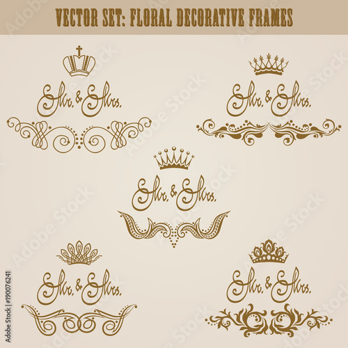 Set of golden hand-drawn floral elements, crowns, text mr and mrs for decoration of wedding, greeting card, invitation. Vintage design. Vector illustration.