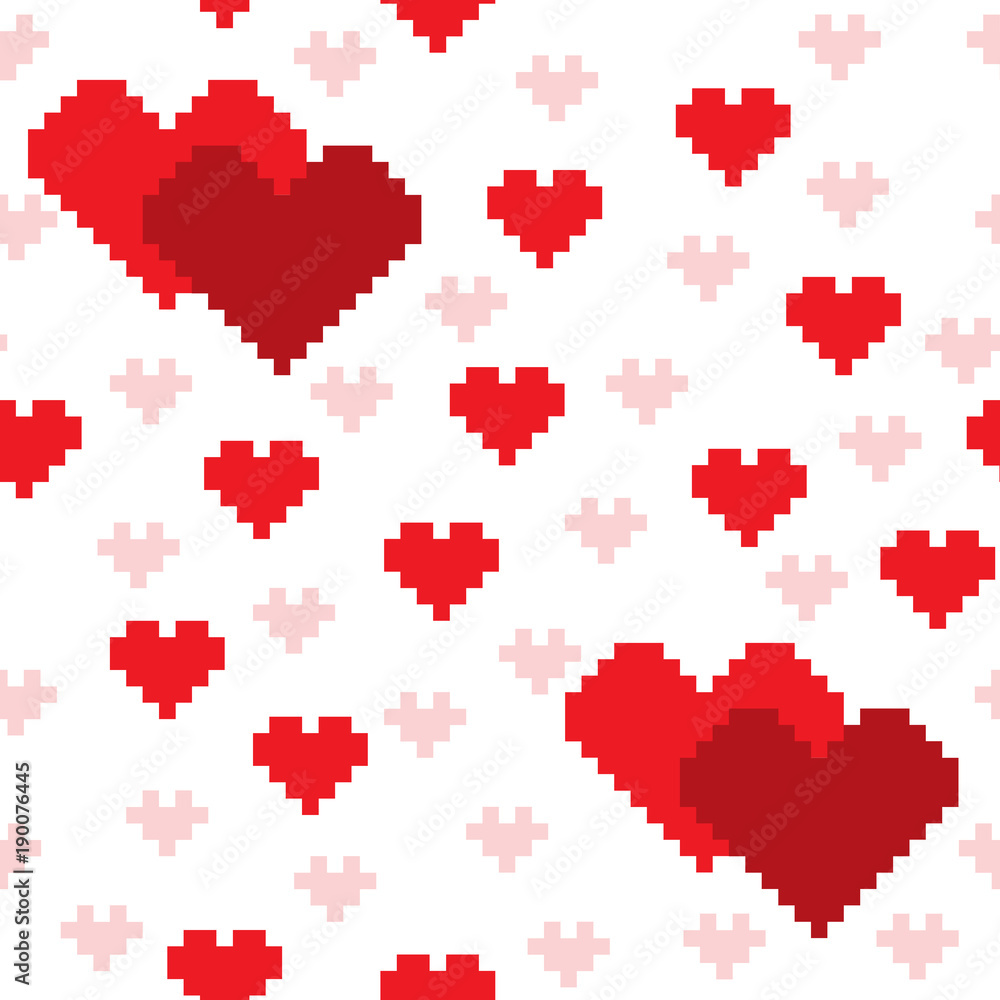 Seamless pattern with red pixel hearts on a white background