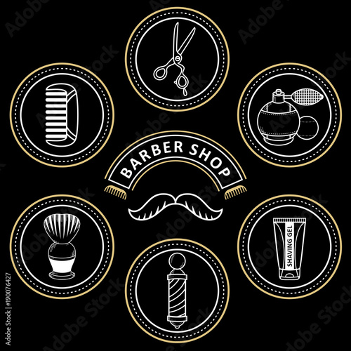 vector flat barber shop tools set. scissors, comb, shaving brush, barber pole, hairdresser sprayer after shave gel icon. Isolated illustration black background for your logo, brand design