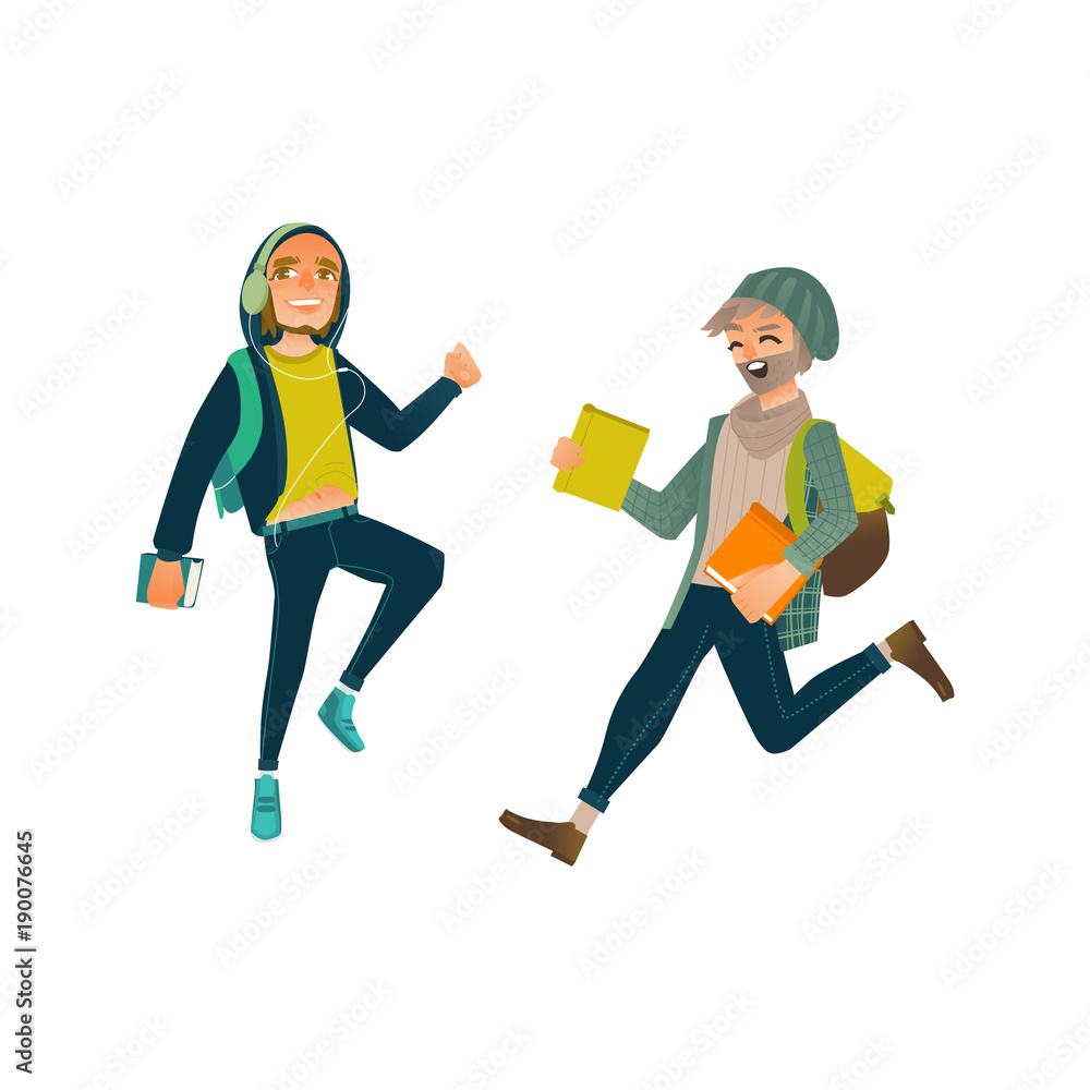 Vector cartoon young male teen students jumping set. Happy men in modern casual clothing, jeans, headphones holding books backpack university college character. Isolated illustration, white background Vector cartoon young male teen students jumping set. Happy men in modern casual clothing, jeans, headphones holding books backpack university college character. Isolated illustration, white background