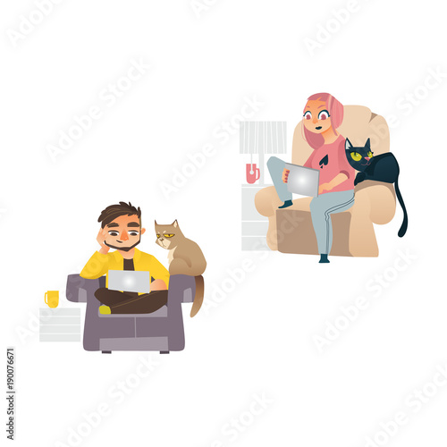 Vector cartoon people working from home, remote, freelance work . Young man, girl sitting at armchair with laptop at knees typing with cat pet sleeping near. Isolated illustration, white background