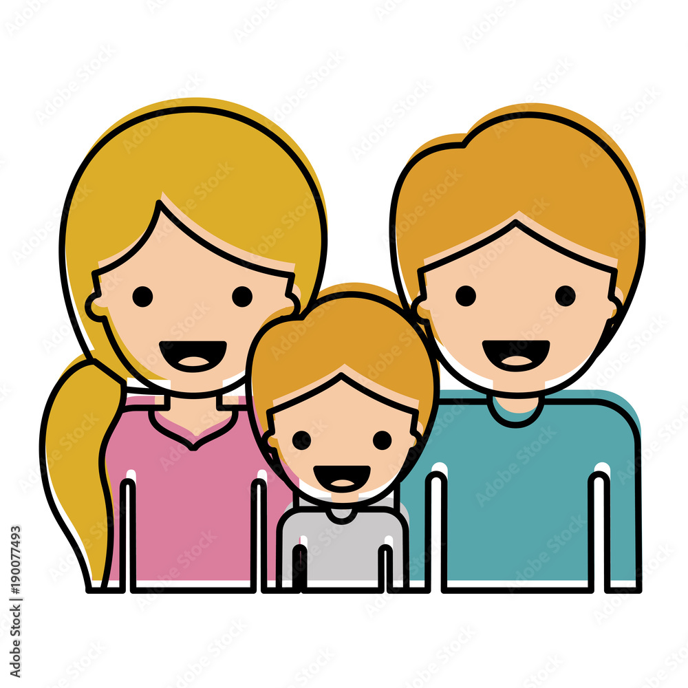 half body people with woman with pigtail hairstyle and man and boy both with short hair in watercolor silhouette with thick contour vector illustration half body people with woman with pigtail hairstyle and man and boy both with short hair in watercolor silhouette with thick contour vector illustration