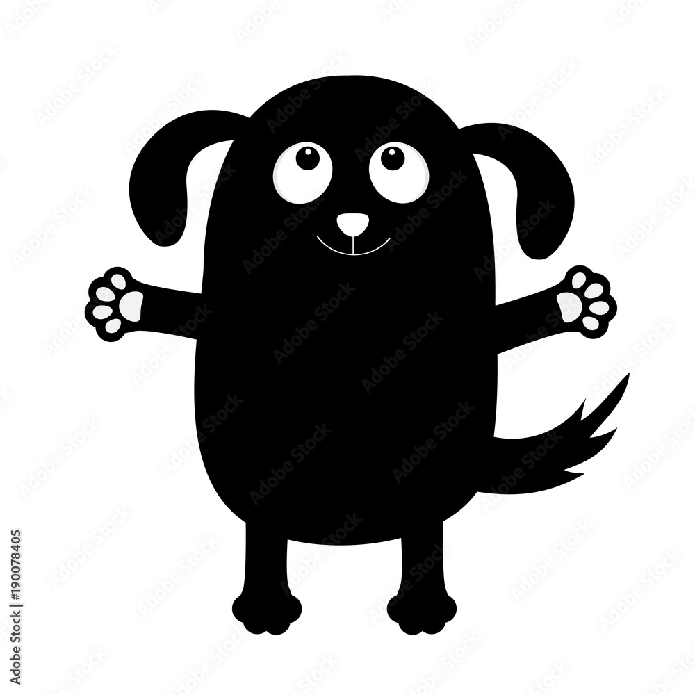Fototapeta premium Dog puppy face black silhouette holding hands up. Pet collection. Pooch, paw print hug. Flat design. Cute cartoon funny character. White background. Isolated.