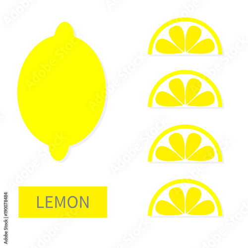 Lemon fruit icon set. Yellow slice in a row. Cut half. Healthy lifestyle food. Flat lay design. Pastel bright color. Top air view. White background. Isolated.