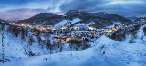 Konstfotografi Night at Winter with beautiful village, Slovakia