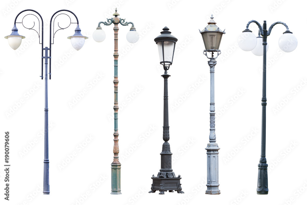 Real vintage street lamp posts and lanterns, set of five outdoor lamp posts  isolated on white background Stock Photo | Adobe Stock