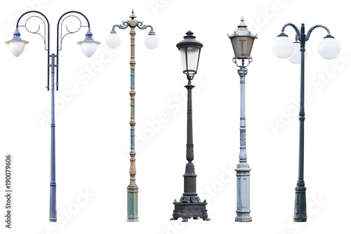 Real vintage street lamp posts and lanterns, set of five outdoor lamp posts isolated on white background