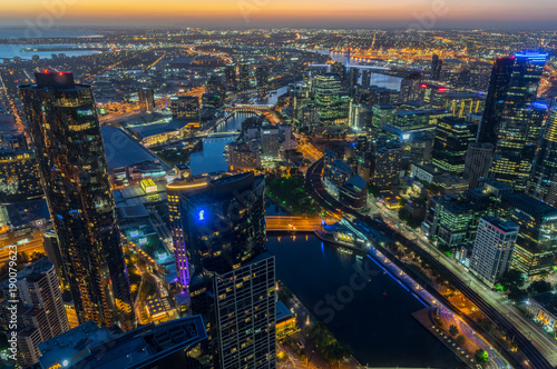 Aerial view of Melbourne along the Yarra River towards Docklands