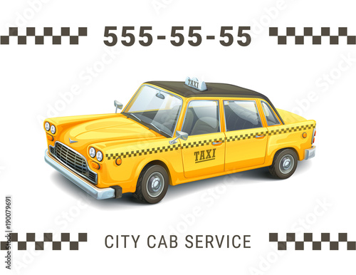 Taxi service design. Detailed illustration of yellow taxi car on white background. Banner, poster business card or flyer.