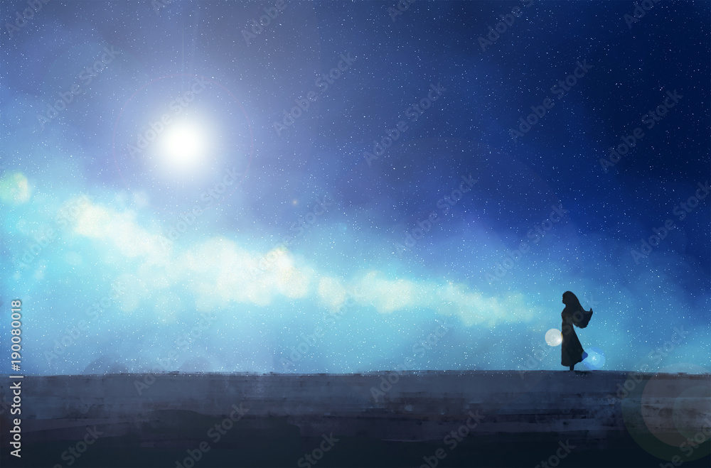 The girl stands against the background of the starry sky. Digital painting.