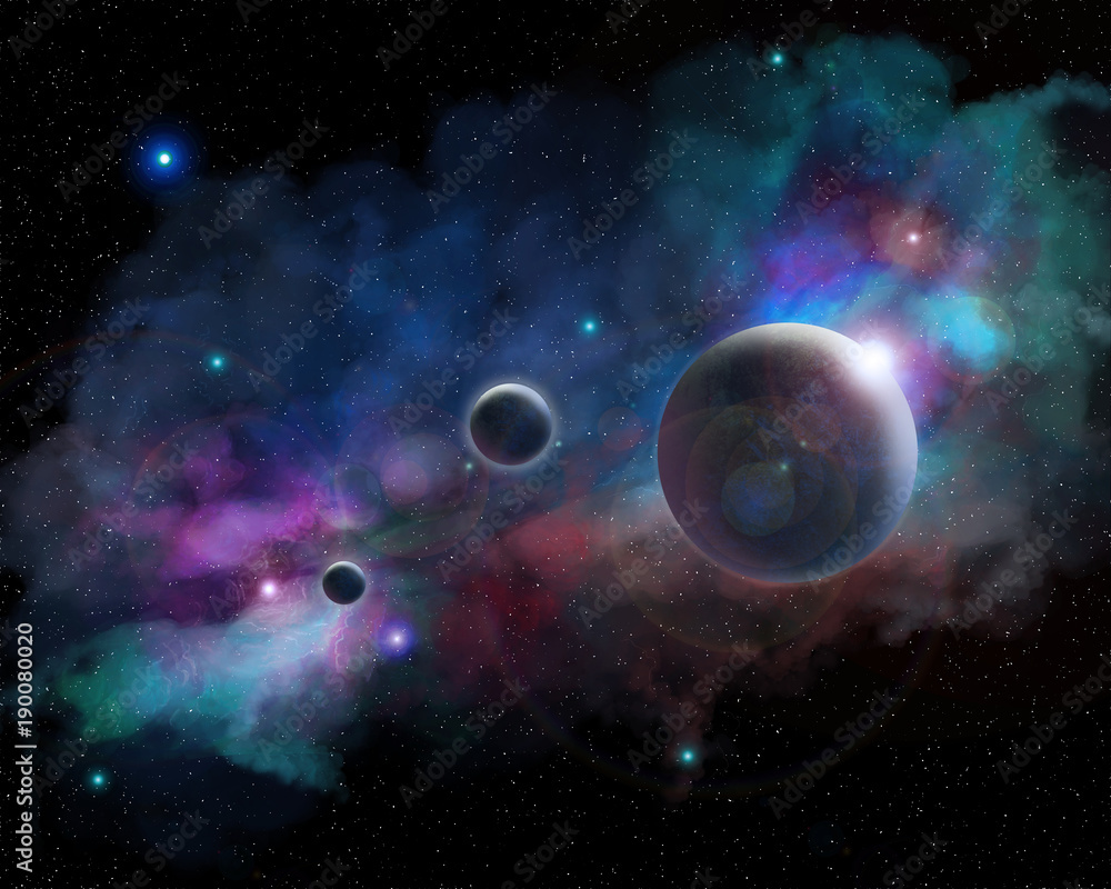 Colorful space star nebula and planets in Space Background. Digital painting.