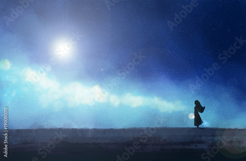 Fototapeta Naklejka Na Ścianę i Meble -  The girl stands against the background of the starry sky. Digital painting.
