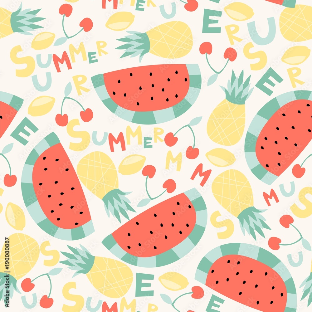 Summer seamless pattern with cute color fruit. Summer seamless pattern with cute color fruit.