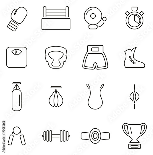 Boxing Sport & Equipment Icons Thin Line Vector Illustration Set