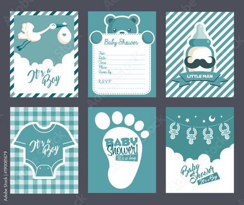 Collection of blue baby boy shower invitation greeting cards
