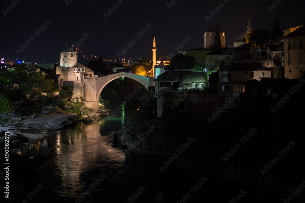 Old Bridge (Stari Most), Neretva River and Old Town in Mostar at Night, Bosnia and Herzegovina