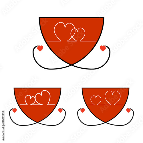 Set of Mug shapes with a heart for Valentine's Day. Vector illustration of a three cups  isolated on white background.