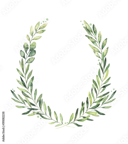 Fototapeta Naklejka Na Ścianę i Meble -  Hand drawn watercolor illustration. Botanical wreath of green branches and leaves. Spring mood. Floral Design elements. Perfect for invitations, greeting cards, prints, posters, packing