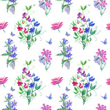 Seamless watercolor pattern with sweet peas and wildflowers on a white background.