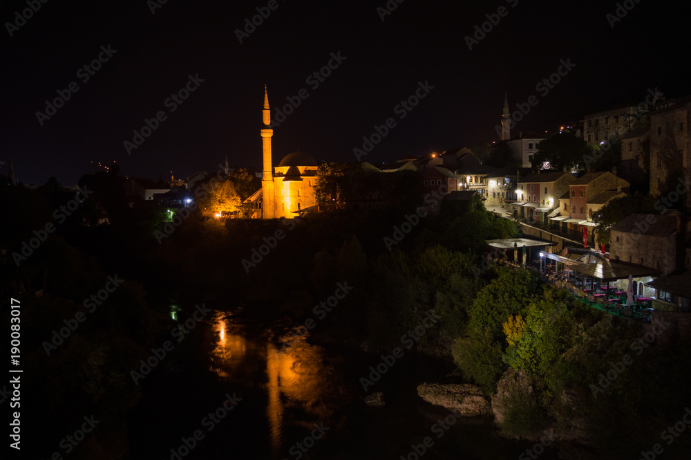 View from the Old Bridge (Stari Most) in Mostar at Night, Bosnia and Herzegovina