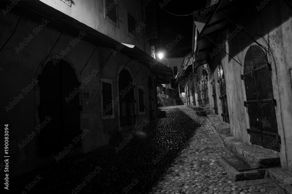 Cobblestone Alley in Mostar at Night, Bosnia and Herzegovina