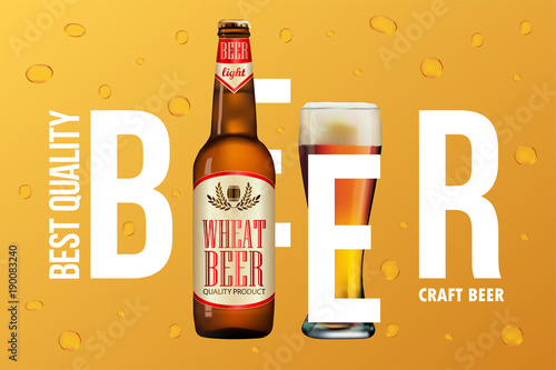 Beer advertisement design. Poster template for classic white beer ad package design. Vector glass bottle and cup with beer, 3d illustration