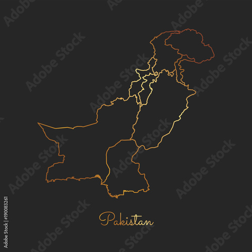 Pakistan region map: golden gradient outline on dark background. Detailed map of Pakistan regions. Vector illustration.