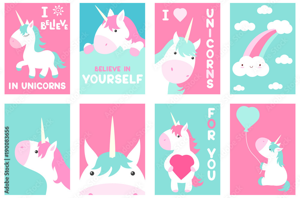 Set of banners with cute unicorns
