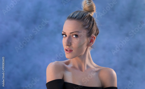 Beautiful Young Blonde Woman Bun Posing Studio Blue Wall