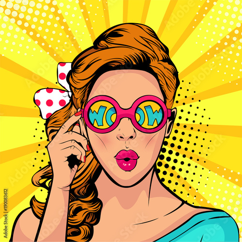 Wallpaper Mural Wow pop art face of surprised woman open mouth holding sunglasses in her hand with inscription wow in reflection