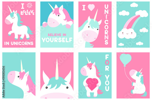 Set of banners with cute unicorns