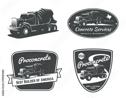 Set of vintage concrete mixer truck and construction equipment logo, emblems and bages isolated on white background. Vector illustration.