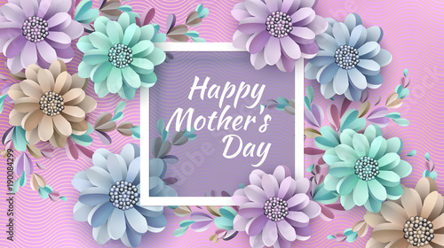 Abstract Festive Background with Flowers and a Rectangular Frame. Happy Mother's Day. Women's Day, March 8. Paper cut Floral Greeting Card. Vector illustration