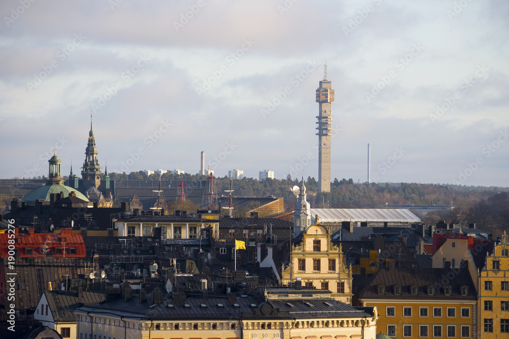 Naklejka premium Roofs at old town and tele tower in Stockholm