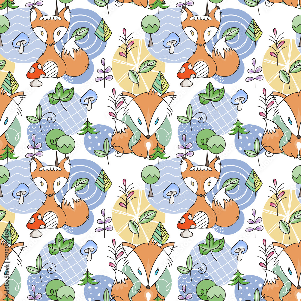 Seamless pattern with doodle foxes and woods. Wild background with cute scandinavian animals