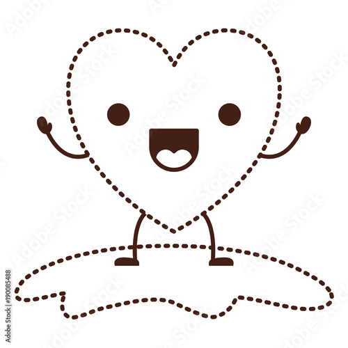 heart character kawaii with wings and jolly expression in brown dotted contour vector illustration