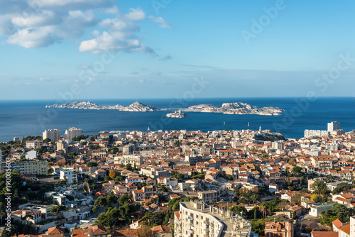 Aerial panoramic view of Marseille from basilica of Notre Dame de la Garde in Marseille, Provence, France.