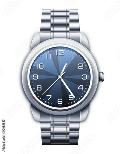 Classic wrist watch with metal watchband isolated on white background. Realistic vector illustration