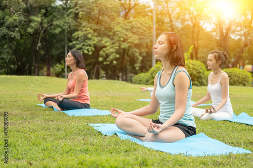 Group of beautiful girl meditates in nature.