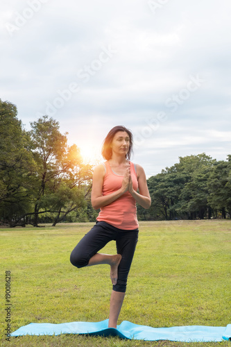 Professional woman practicing yoga, standing in Vrksasana exercise, Tree pose with Namaste, working out, wearing sportswear in nature