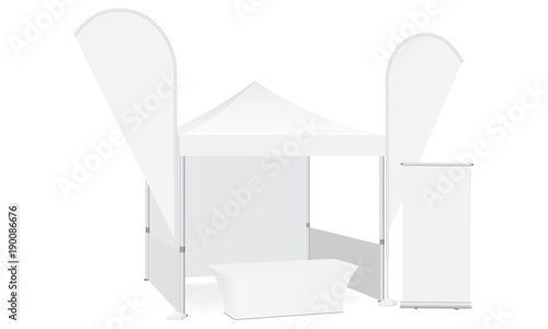 Trade show booth display stand - tent canopy, feather flags, roll-up stand and demonstration table. Blank exhibition equipment mockup. Vector illustration