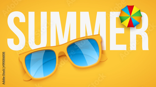Yellow sunglasses and parasol on yellow background with Summer text. Vacation or shopping sale advertisement. Editable Vector Illustration